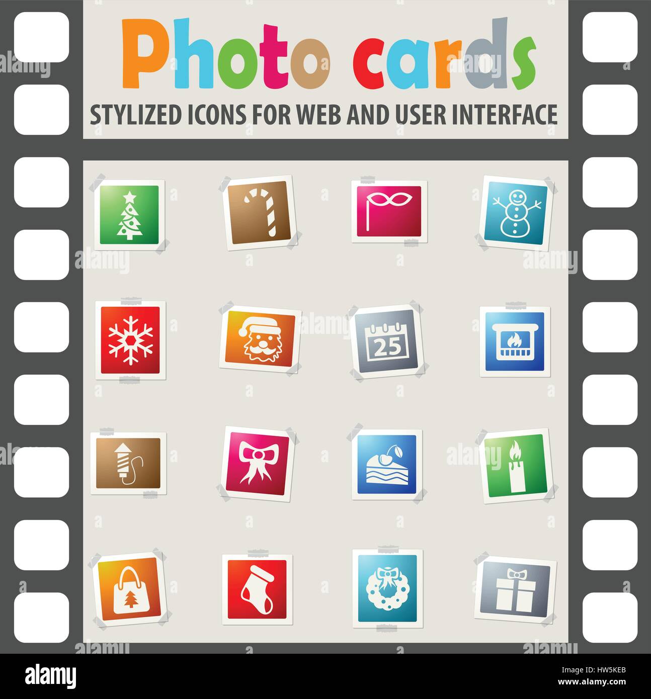 Icônes web de Noël sur les cartes photos couleur pour l'interface utilisateur Illustration de Vecteur