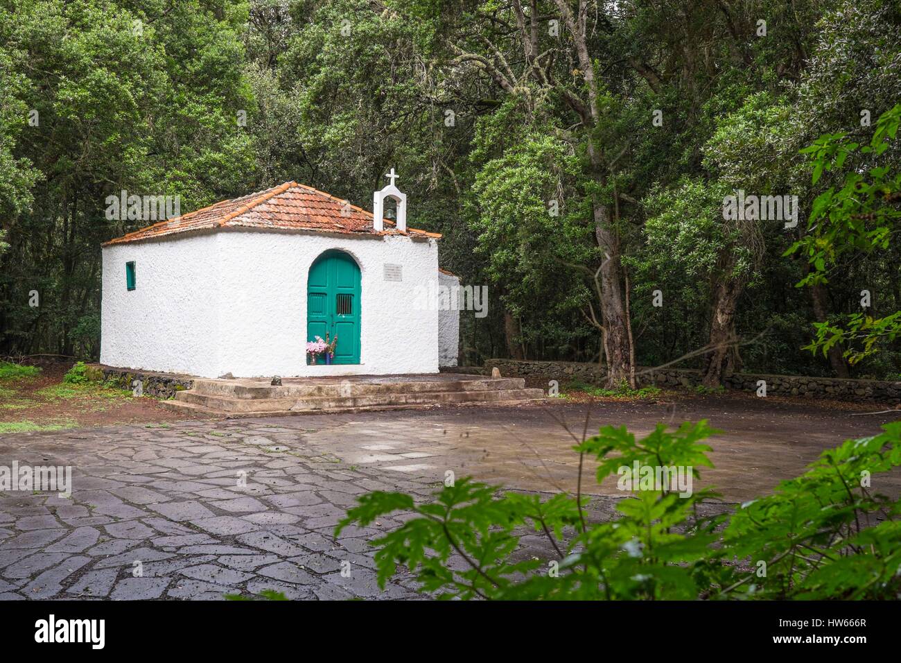 Espagne, Canaries, La Gomera island a déclaré Réserve de biosphère par l'UNESCO, le Parc National de Garajonay (UNESCO World Heritage), Ermita de Lourdes dans le Bosque del Cedro Banque D'Images