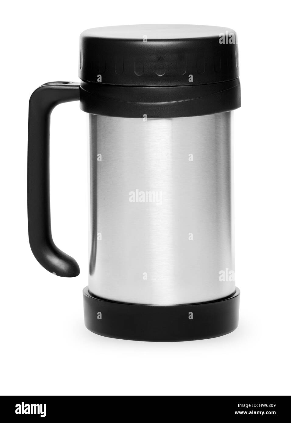 Thermos en métal à la vie active, isolé sur fond blanc Banque D'Images