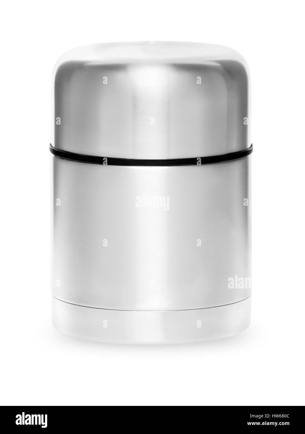 Thermos en métal à la vie active, isolé sur fond blanc Banque D'Images