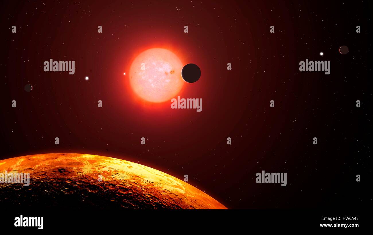 Trappist-1 est rouge-nain star ΓÇô variété la plus commune ΓÇô situé à environ 40 années-lumière en Verseau.En 2015, les astronomes ont découvert que l'hôte de Trappistes-1 a été trois planètes de la taille de la terre.Puis elle a été à nouveau en vedette 2017 lorsque les scientifiques de la NASA ont trouvé quatre autres planètes,prendre total jusqu' Banque D'Images