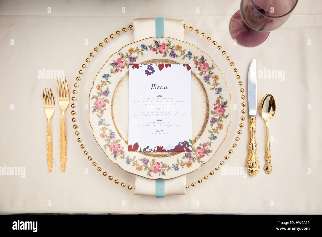Table de mariage menu réglage et Banque D'Images
