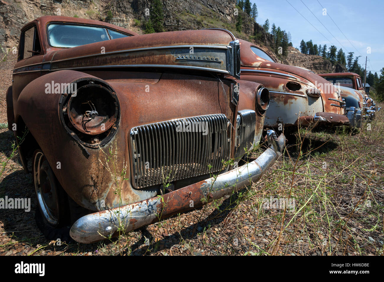 Oldtimer, Studebaker Champion, carcasses de voitures, près de Spokane, Washington, USA Banque D'Images