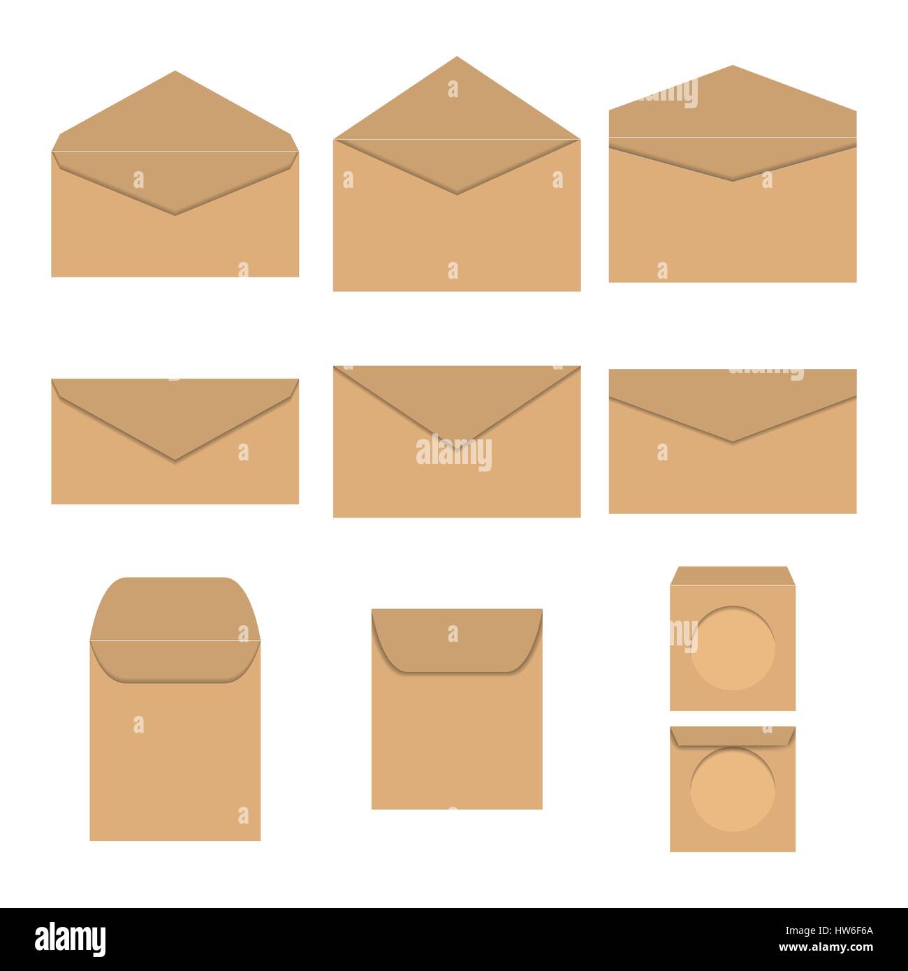 Enveloppes en papier marron de forme différente et tailles, ouvert et  fermé, l'enveloppe pour CD, isolé sur fond blanc, vector illustration Image  Vectorielle Stock - Alamy