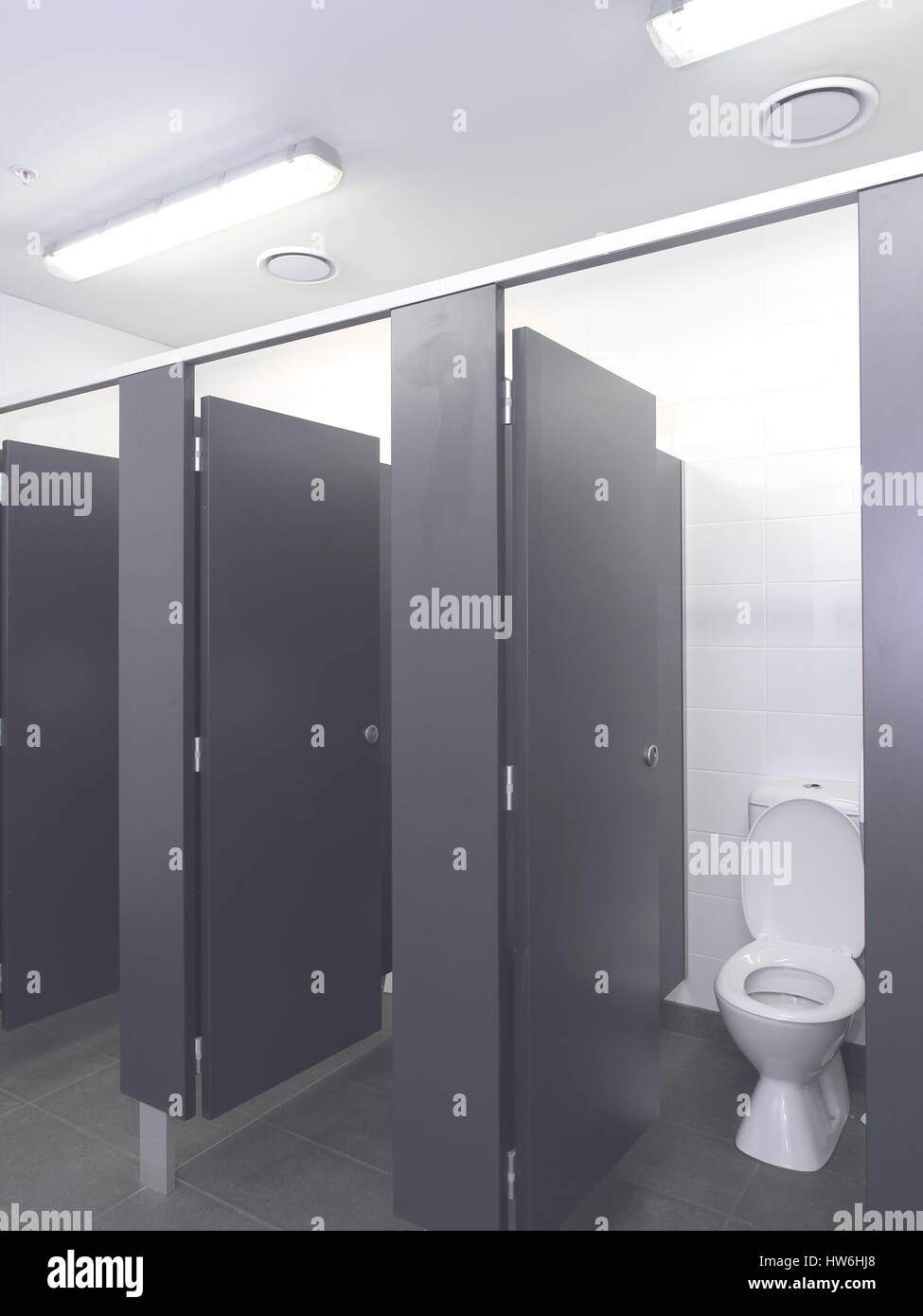 Rangée de cabines de toilettes dans un lavabo industriel, Melbourne, Australie 2015 Banque D'Images