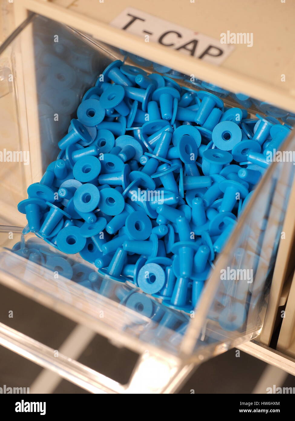 -Les bouchons en plastique en forme de T dans un storage organizer, Melbourne 2015 Banque D'Images