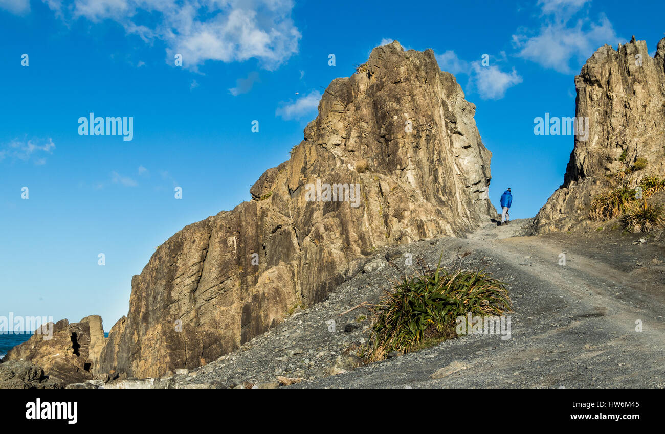 Homme marchant à travers la porte de diables, Te Kopahou réserver, sur la côte sud de la Nouvelle-Zélande. Banque D'Images
