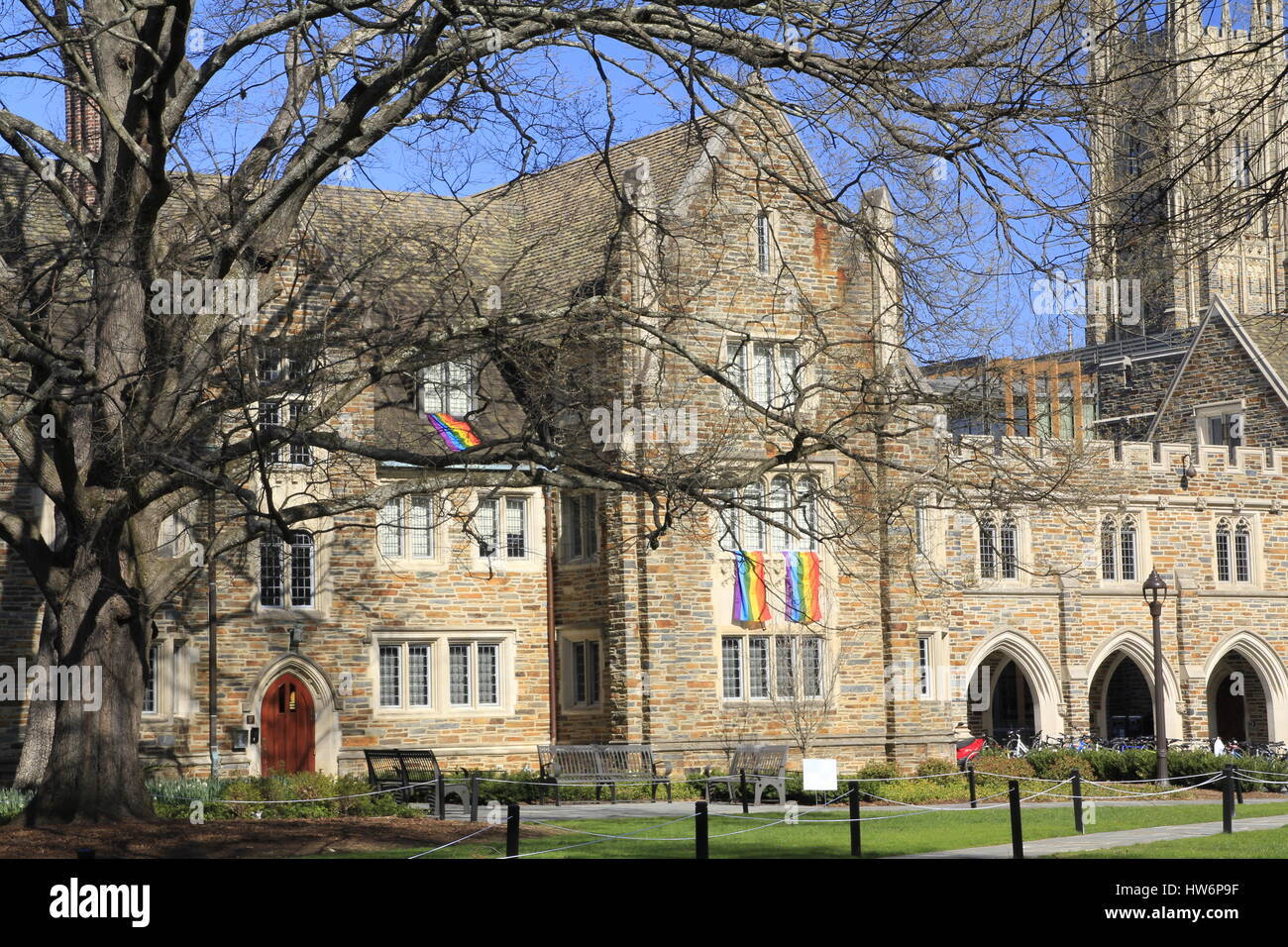 Gay Pride drapeaux suspendus à l'Université Duke de Durham en Caroline du dortoir Banque D'Images