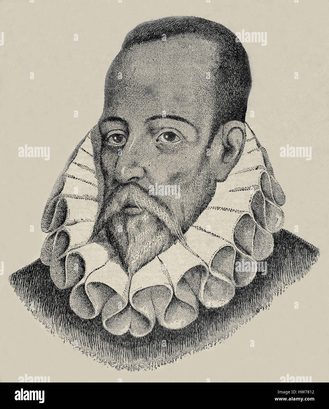 Miguel de Cervantes Saavedra (1547-1616) 16e siècle. L'écrivain espagnol, Don Quichotte, Portrait, gravure Banque D'Images