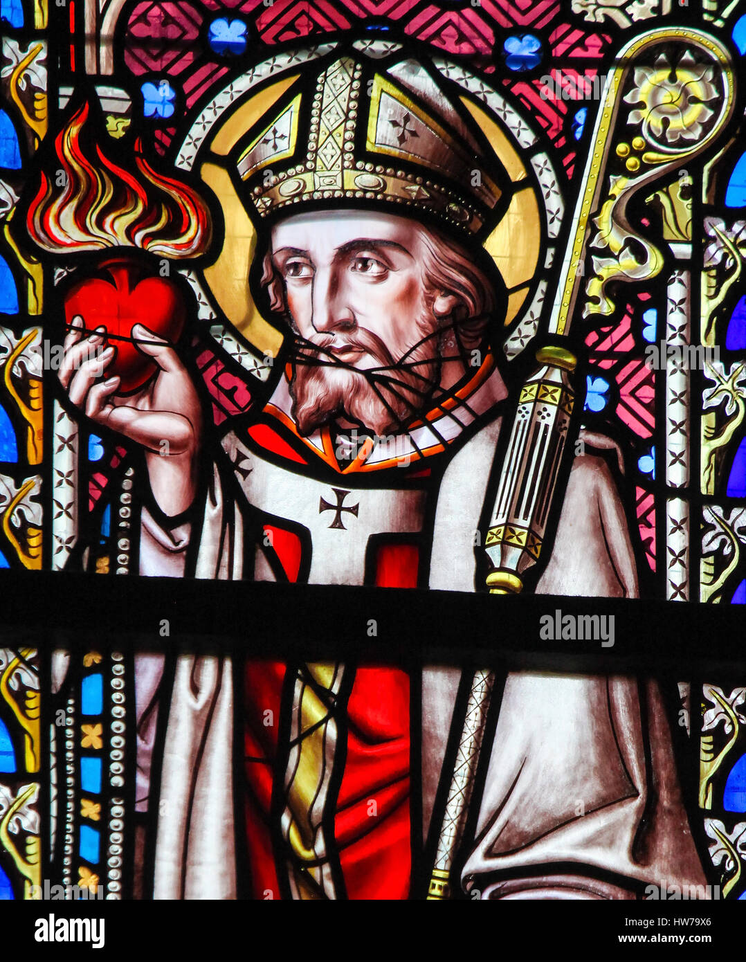 Vitraux dans l'église de Notre-Dame du Sablon à Bruxelles, Belgique, représentant Saint Augustin ou Augustinus Banque D'Images