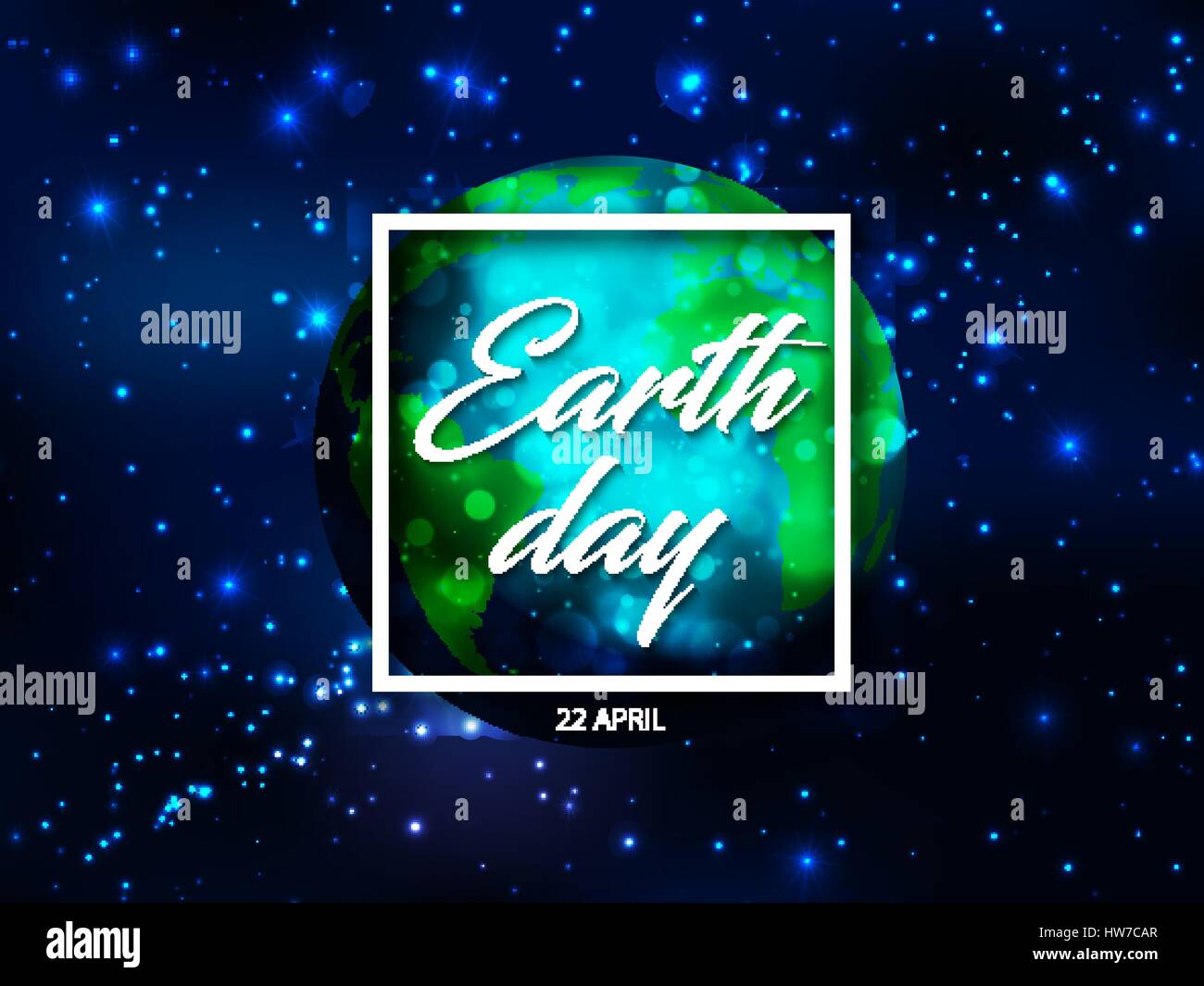 Vector world globe planète avec jour de la Terre dans le texte cadre carré blanc avec effet de lumière sparks sur bleu ciel étoilé ou l'espace arrière-plan. Illustration de Vecteur