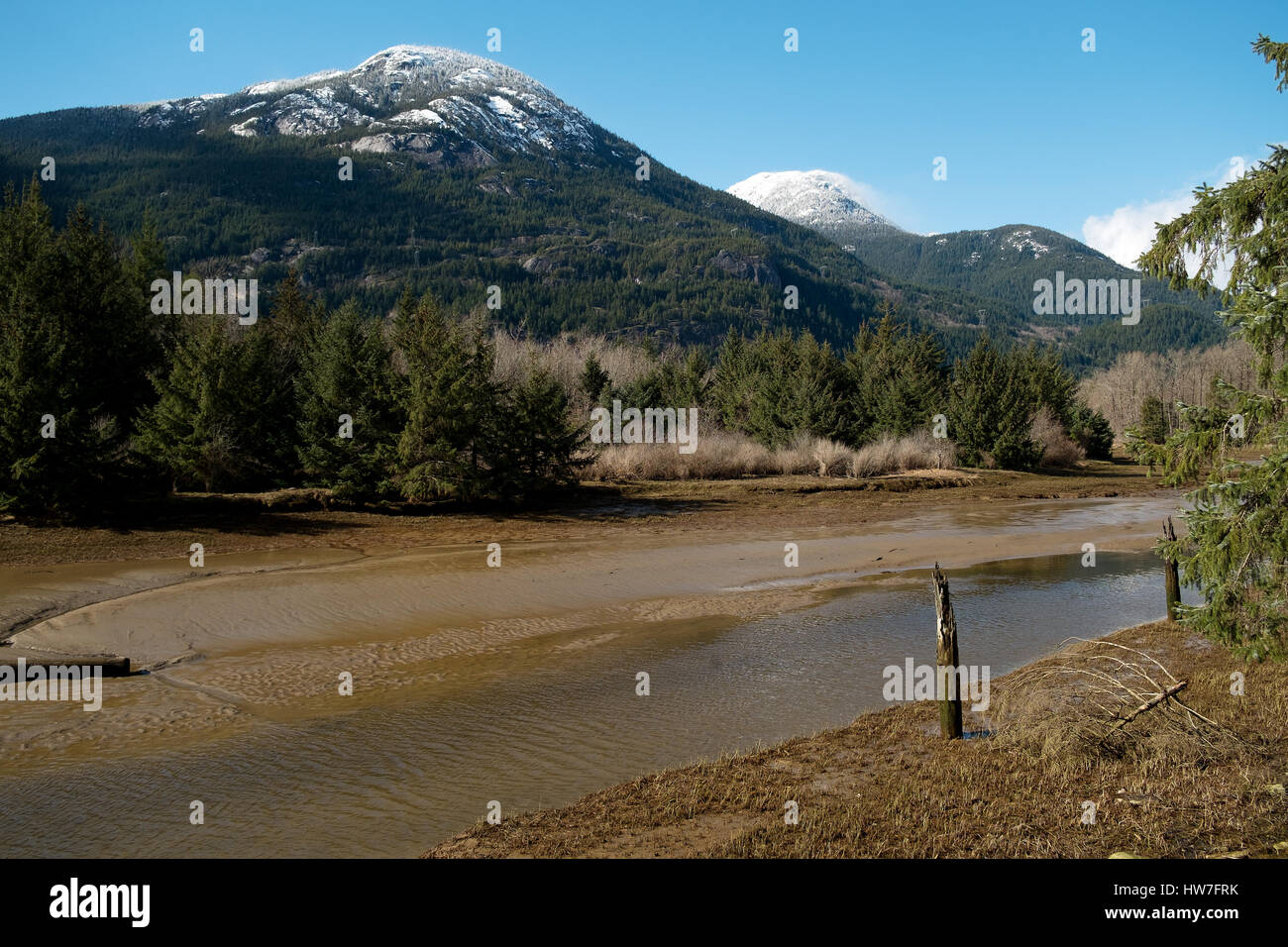 La rivière Squamish passe par l'estuaire de Squamish. Squamish BC, Canada. Banque D'Images