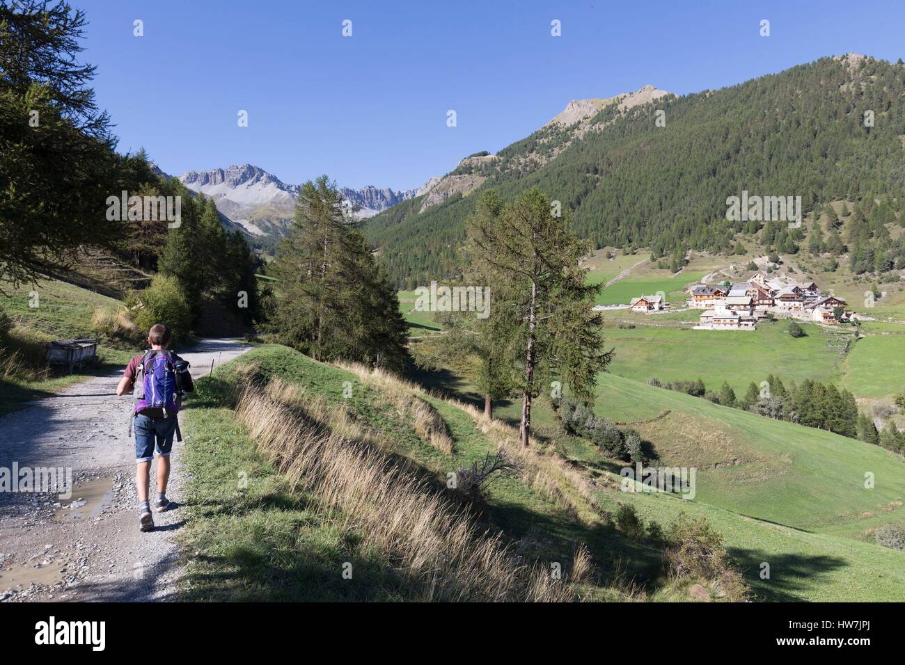 France, Hautes Alpes, Parc Naturel Régional du Queyras (Parc Naturel Régional du Queyras), le hameau de souliers (1820m), la randonnée sur le chemin du lac de Roue Banque D'Images