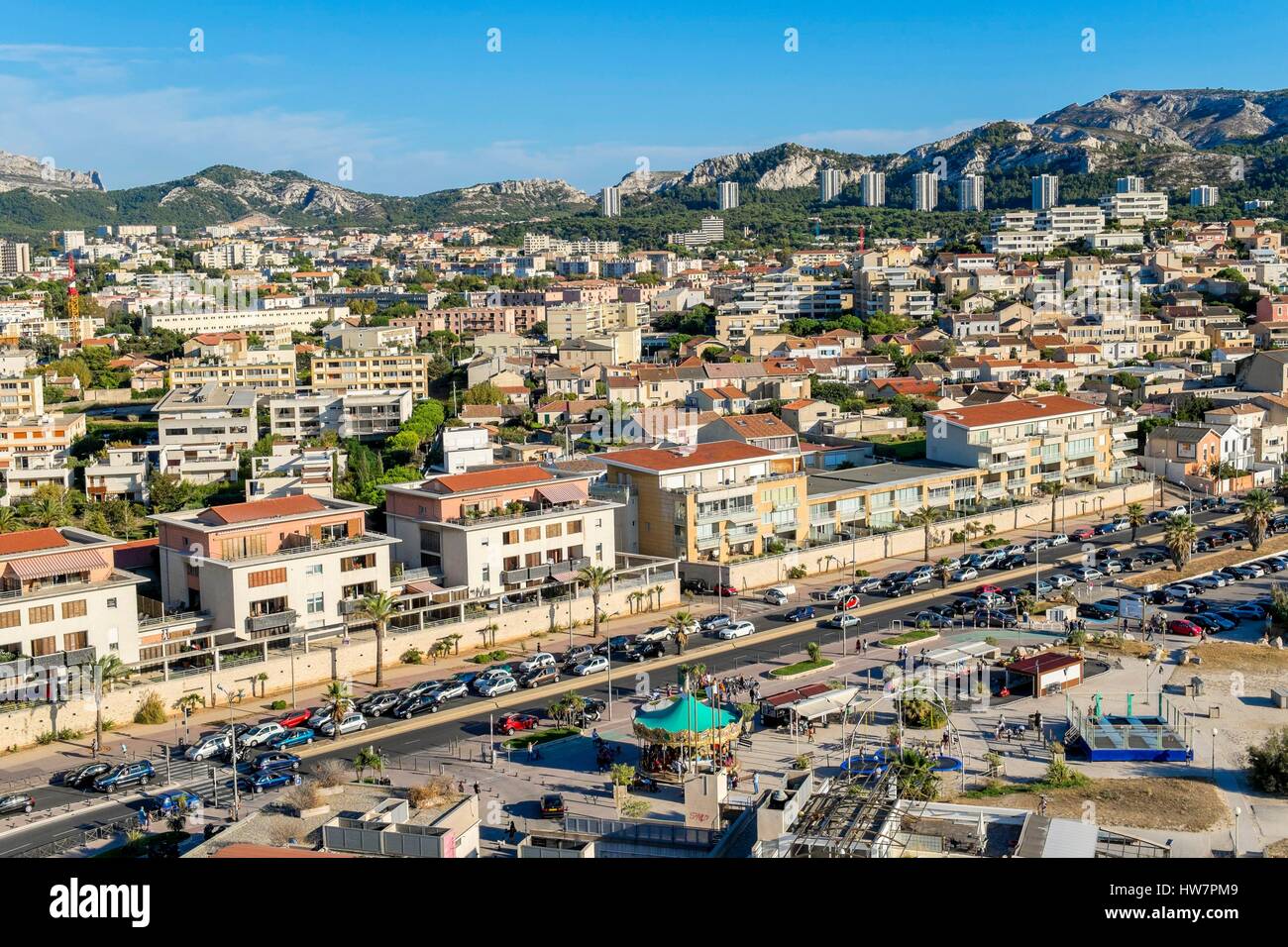 France, Bouches du Rhône, Marseille, les plages du Prado, avenue Pierre Mendes France (vue aérienne) Banque D'Images