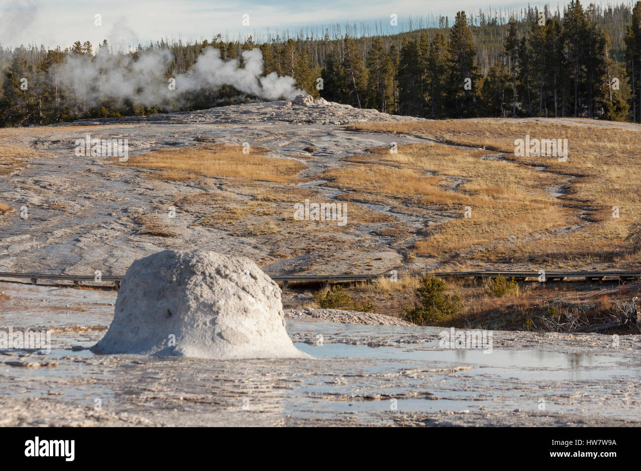 Old Faithful Geyser et Ruche , Parc National de Yellowstone, Wyoming. Banque D'Images