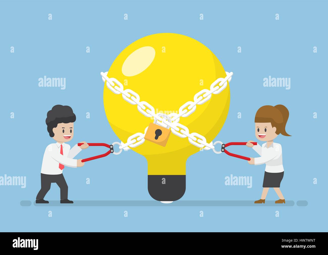 Businessman and Businesswoman essayer de déverrouiller de l'idée de l'ampoule, des idées d'entreprise Concept Unleashed Illustration de Vecteur
