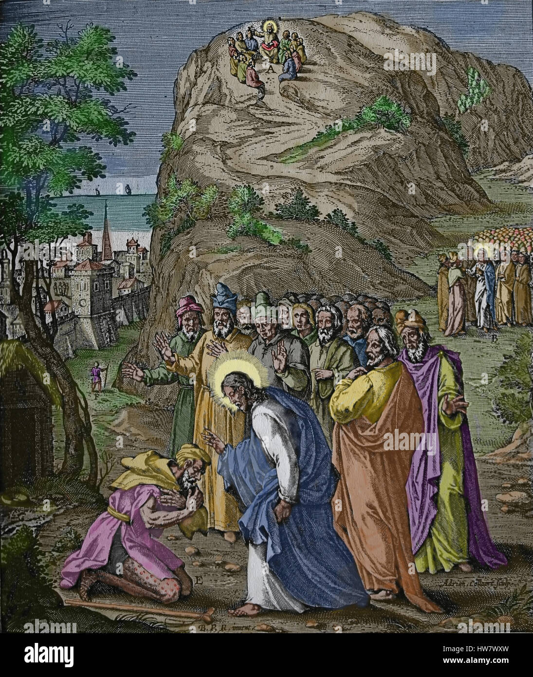 Un lépreux est nettoyé. Illustration de l'Évangile par Jerome Nadal (1507-1580). Plus tard, la gravure de la couleur. Banque D'Images