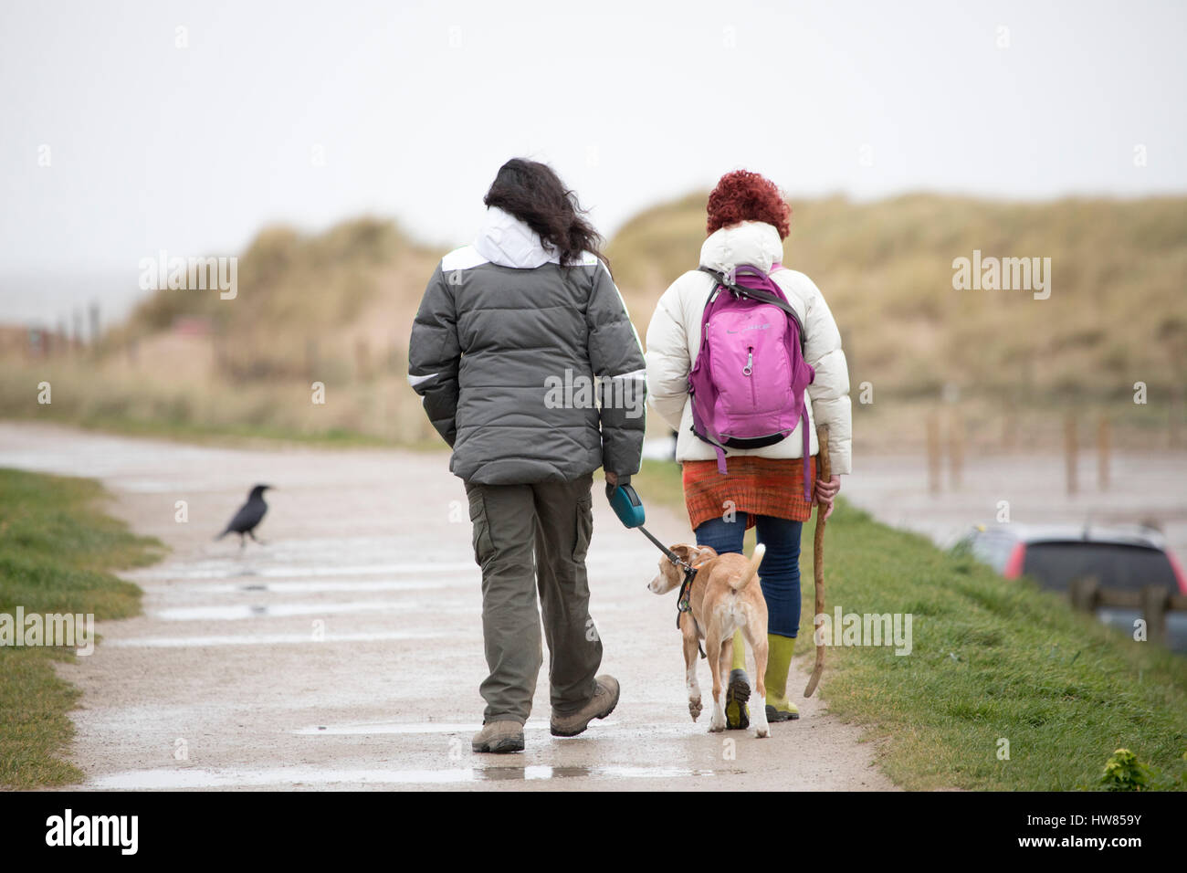 Conditions humide et venteux avec deux femmes dog walkers à marcher vers la plage de talacre avec leur chien en laisse, Flinthsire, Pays de Galles, Royaume-Uni Banque D'Images