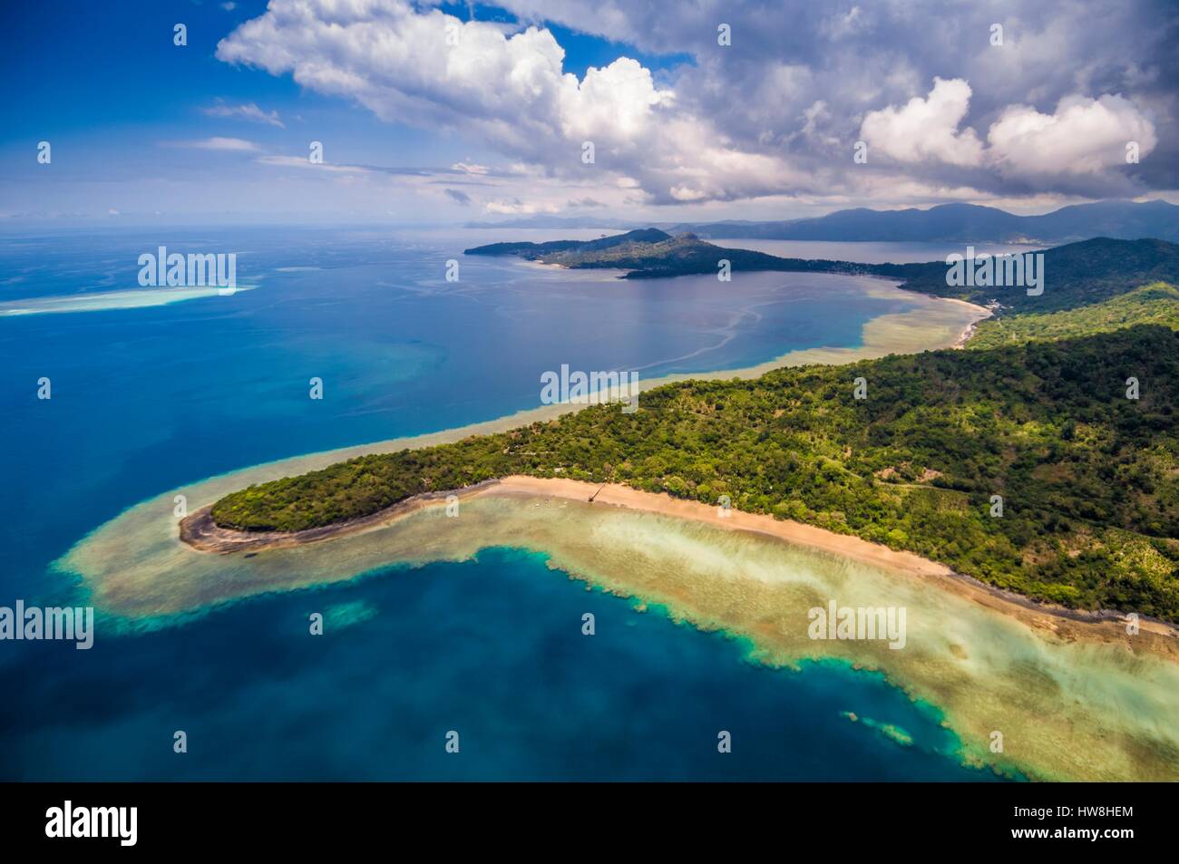 La France, l'île de Mayotte (département français d'outre-mer), la Grande Terre, N'gouja, le SW pointe de Grande Terre et la plage Jardin Maoré (vue aérienne) Banque D'Images