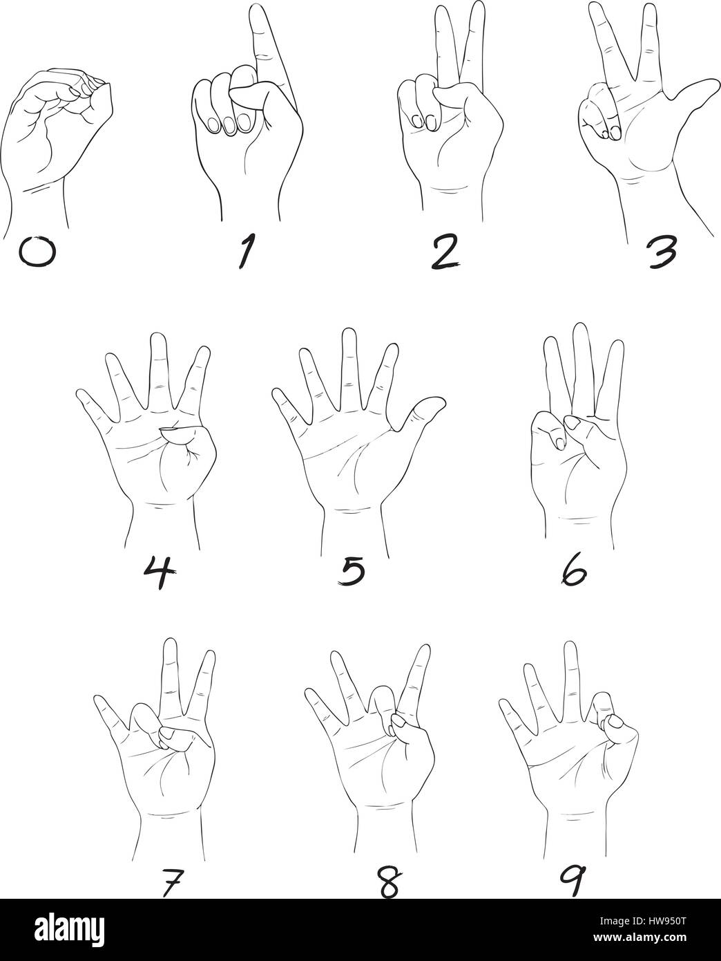 Jeu de croquis dessinés à la main, de part les panneaux signalant le numéro un, deux, trois, quatre, cinq, six, sept, huit et neuf isolé sur fond blanc. Illustration de Vecteur