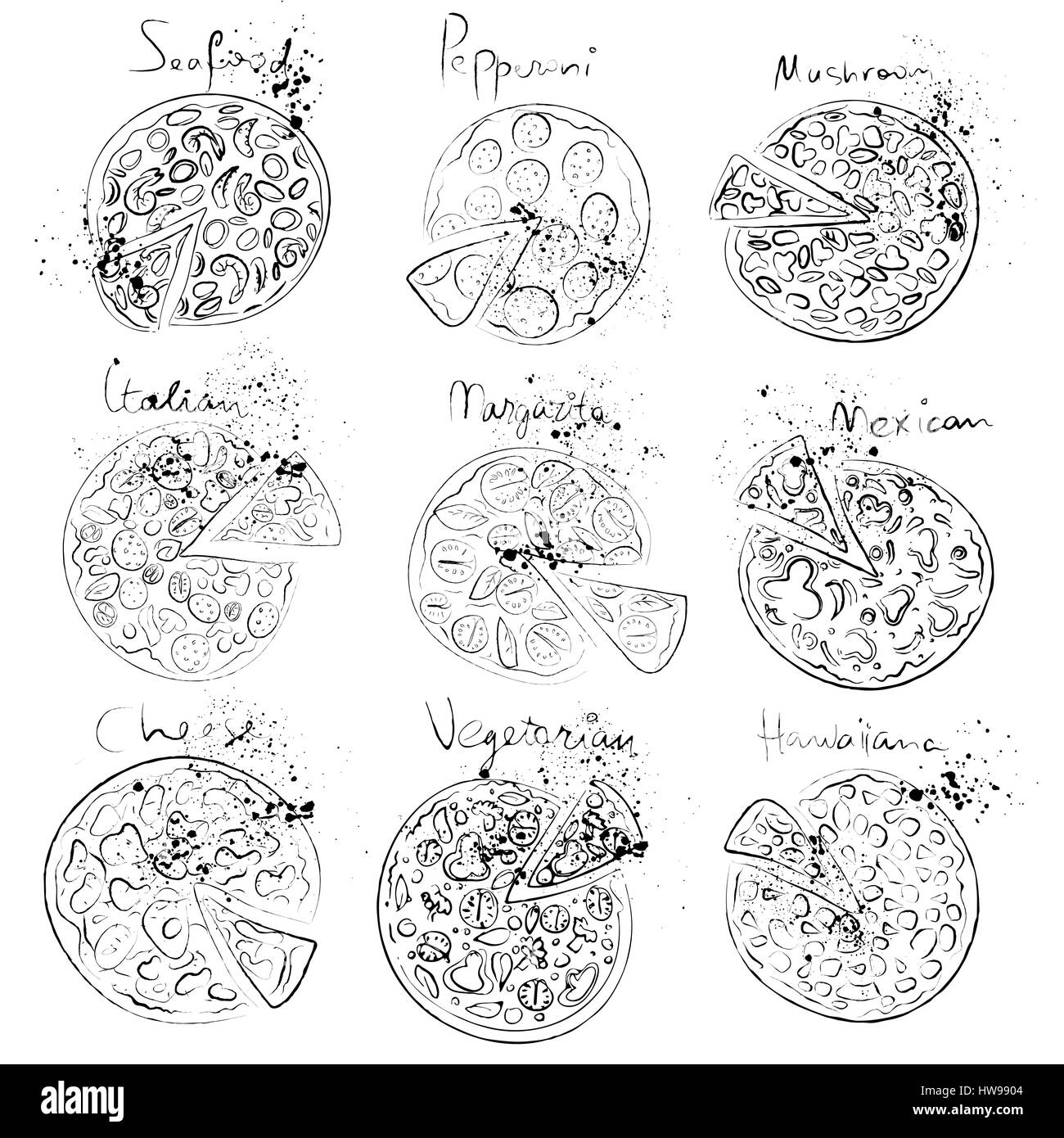 Jeu de pizza slice - italien, mexicain, margarita, fromage, pepperoni Illustration de Vecteur