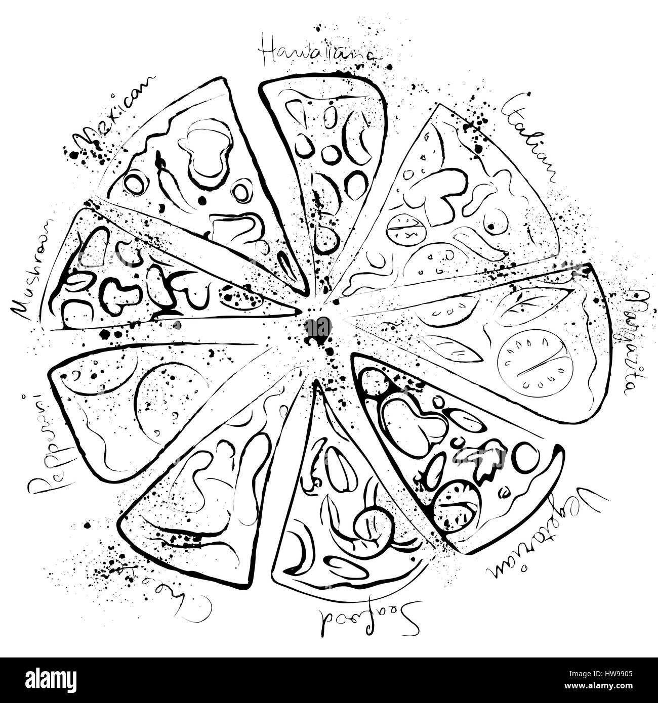 Jeu de Pizza - italien, mexicain, margarita, fromage, pepperoni aquarelle collection Illustration de Vecteur