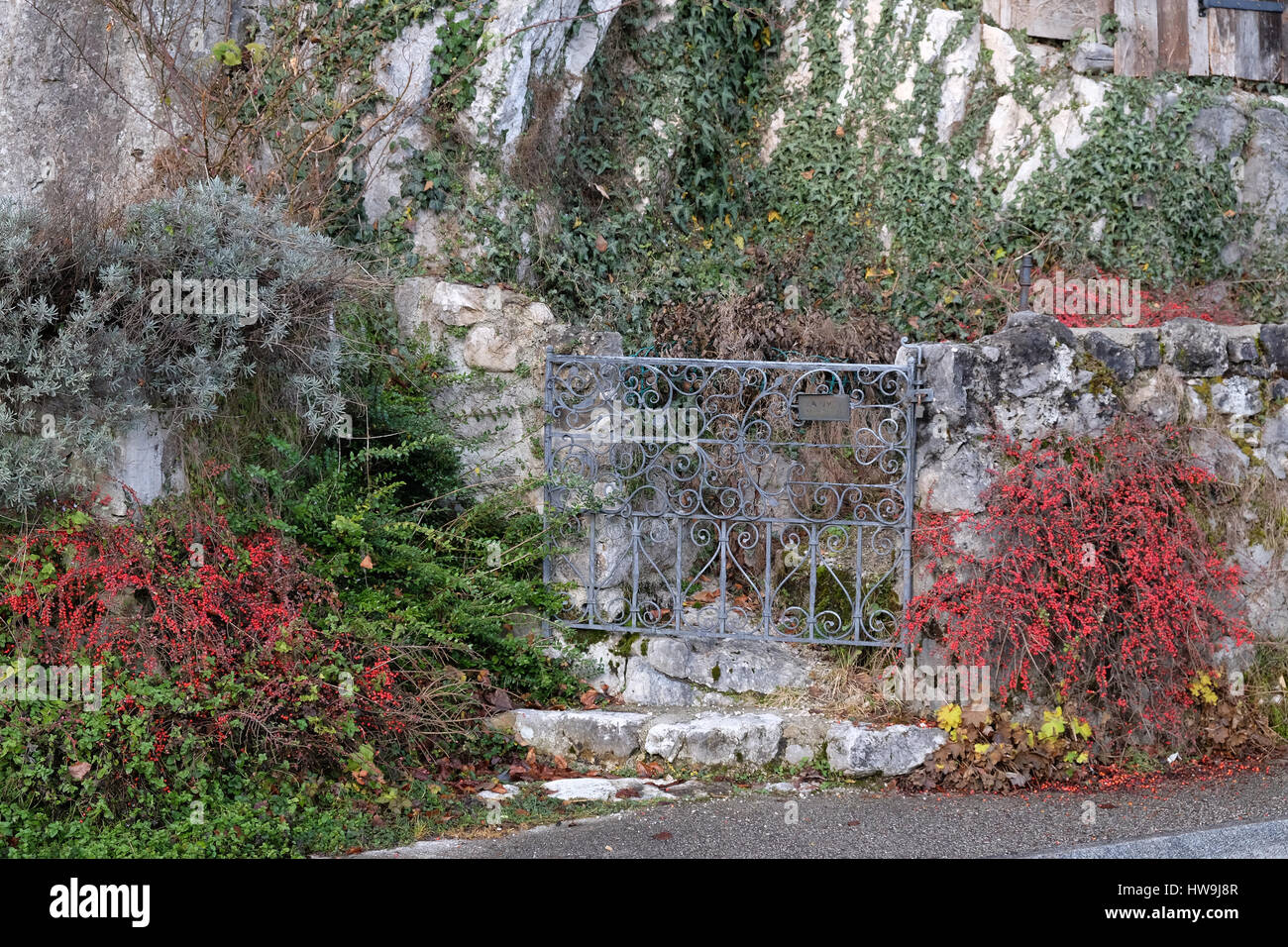 Design classique porte en fer forgé dans un magnifique jardin, le 13 décembre 2014 à Hallstatt, Autriche. Banque D'Images