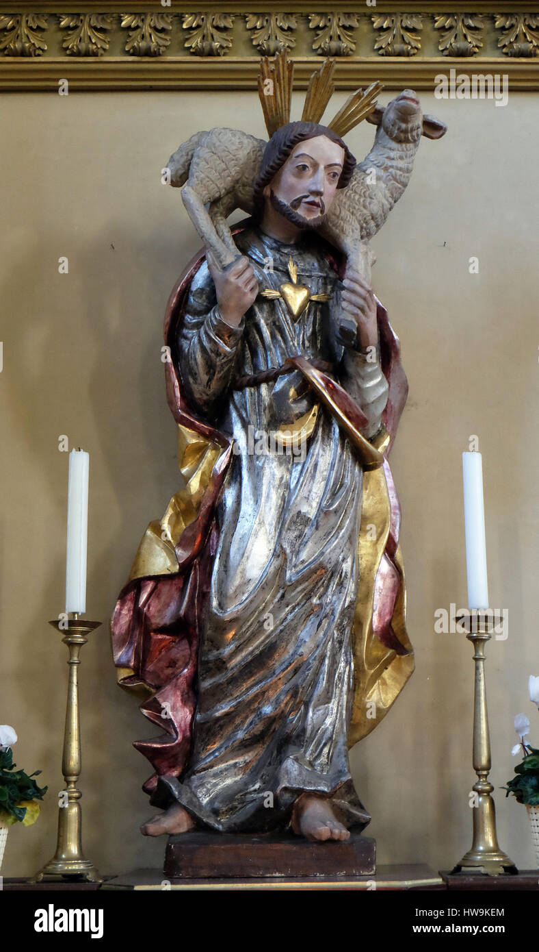 Jésus Christ comme bon pasteur, l'église paroissiale de Saint Nicolas à Bad Ischl, Autriche, le 14 décembre 2014. Banque D'Images