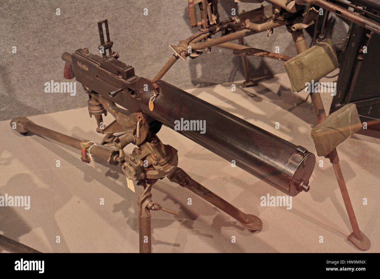 Une mitrailleuse Browning M1917 est une arme lourde sur l'affichage à la Springfield Armory National Historic Site, Springfield, MA, United States. Banque D'Images