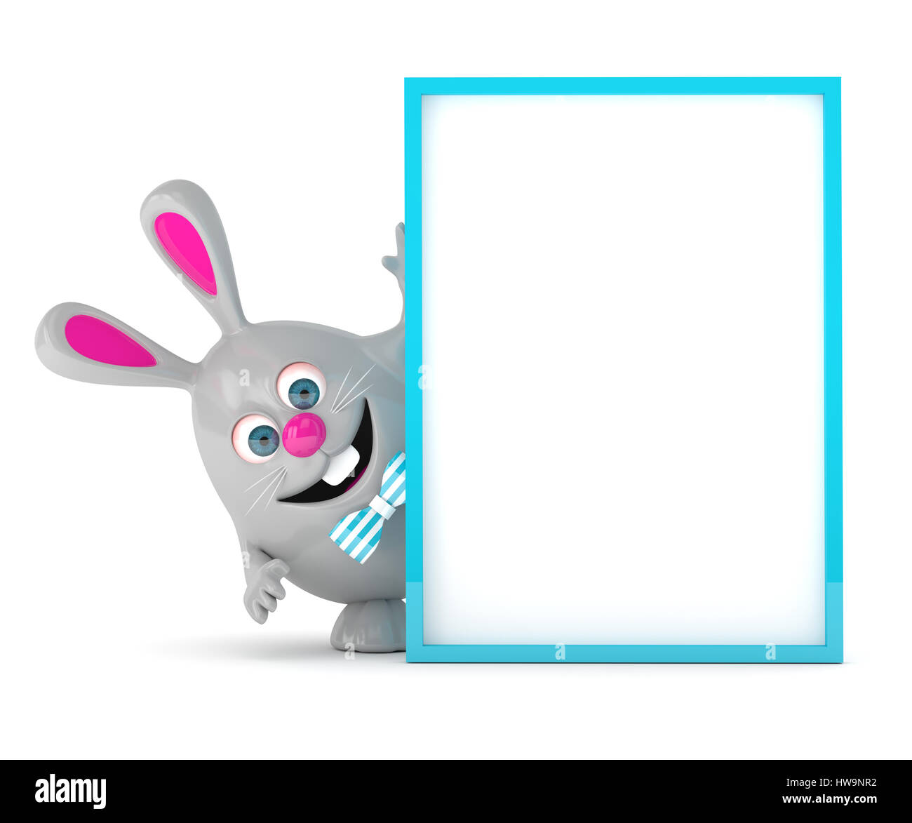 Le rendu 3D de lapin de Pâques holding panneau publicitaire sur fond blanc Banque D'Images