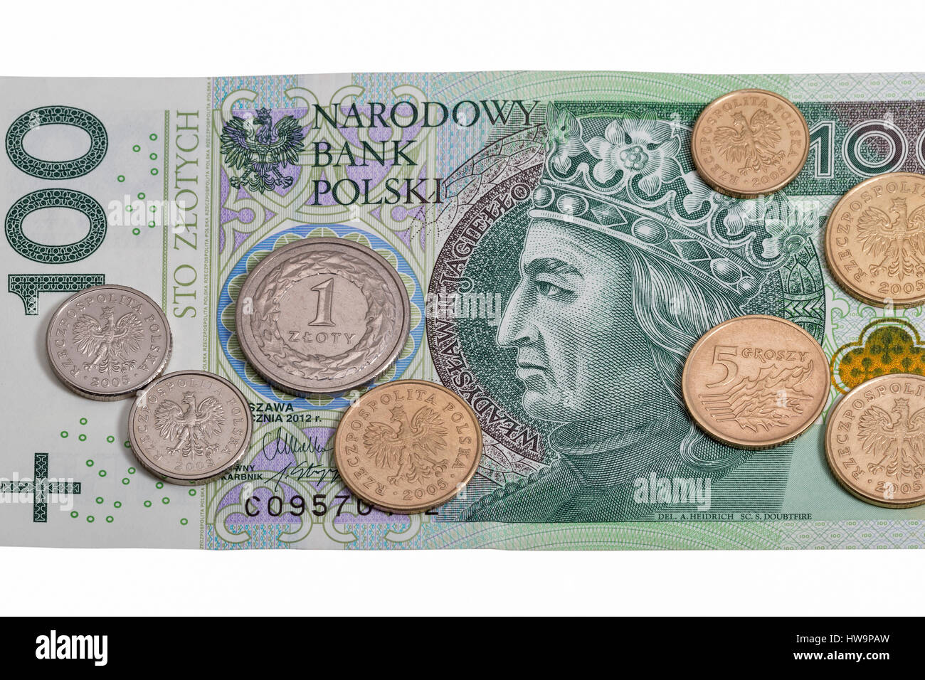 Polish zloty cent cinquante euros et pièces macro isolated on white Banque D'Images