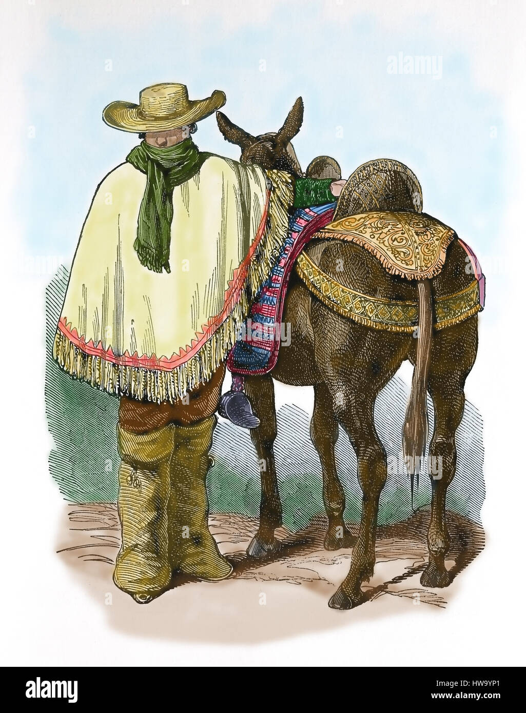 Péruvien typique traveler avec cheval. Robe traditionnelle. Vers 1845, 19e siècle. Gravure en couleur. Plus tard la couleur. Banque D'Images