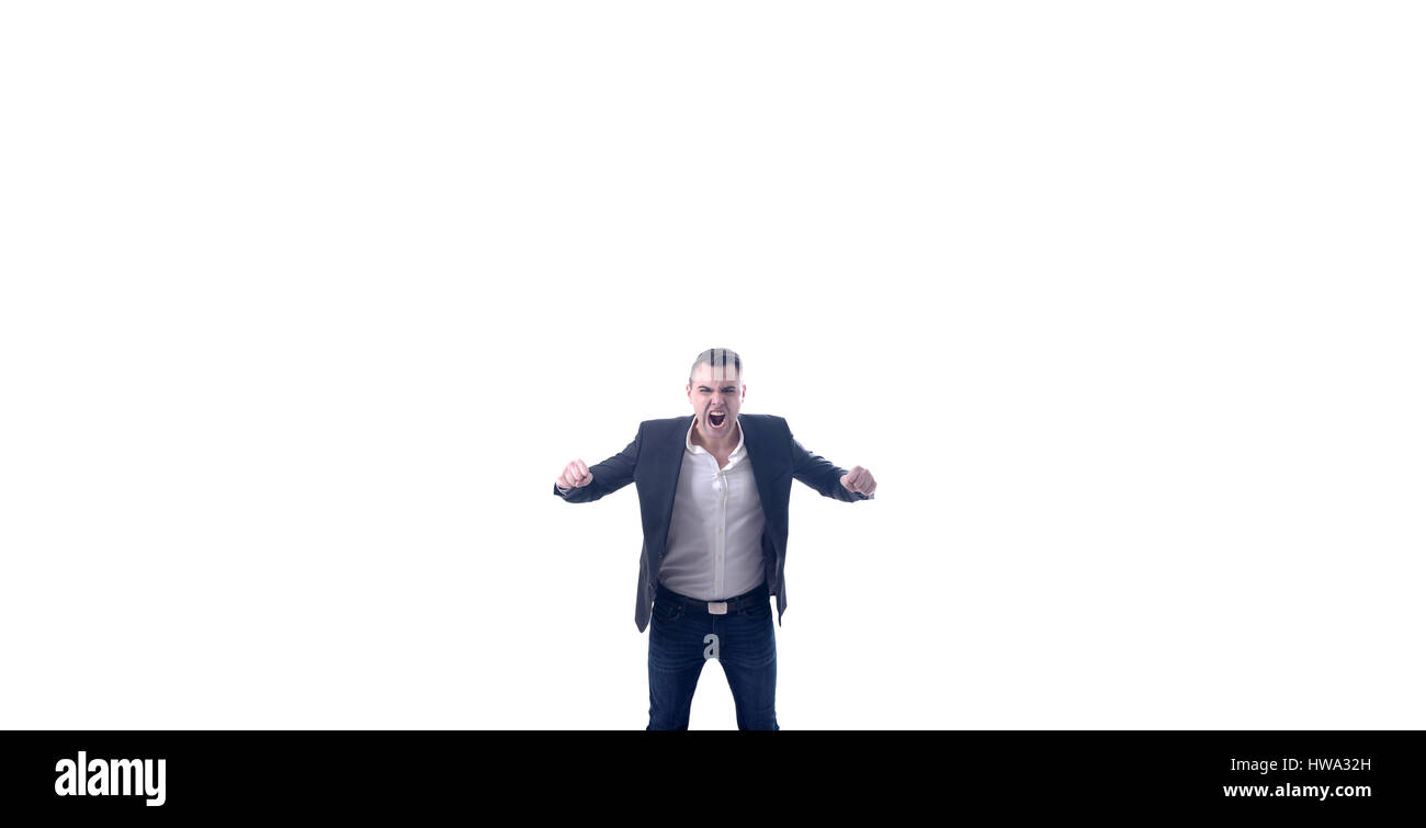 Jeune homme d'affaires très en colère et rage hurler à huis clos. Grand Fond blanc,studio shot. Banque D'Images