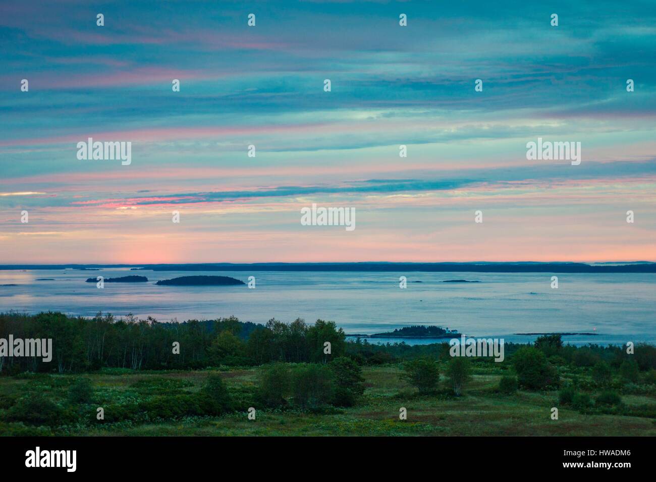 United States, Maine, Rockport, Beech Hill, vue de la baie de Penobscot, sunrise Banque D'Images