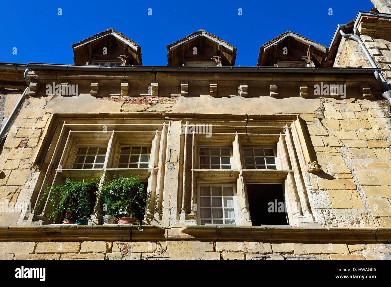 France, Dordogne, Perigord Pourpre, Bergerac, fenêtre à meneaux de la maison médiévale à 23 rue Saint James Banque D'Images