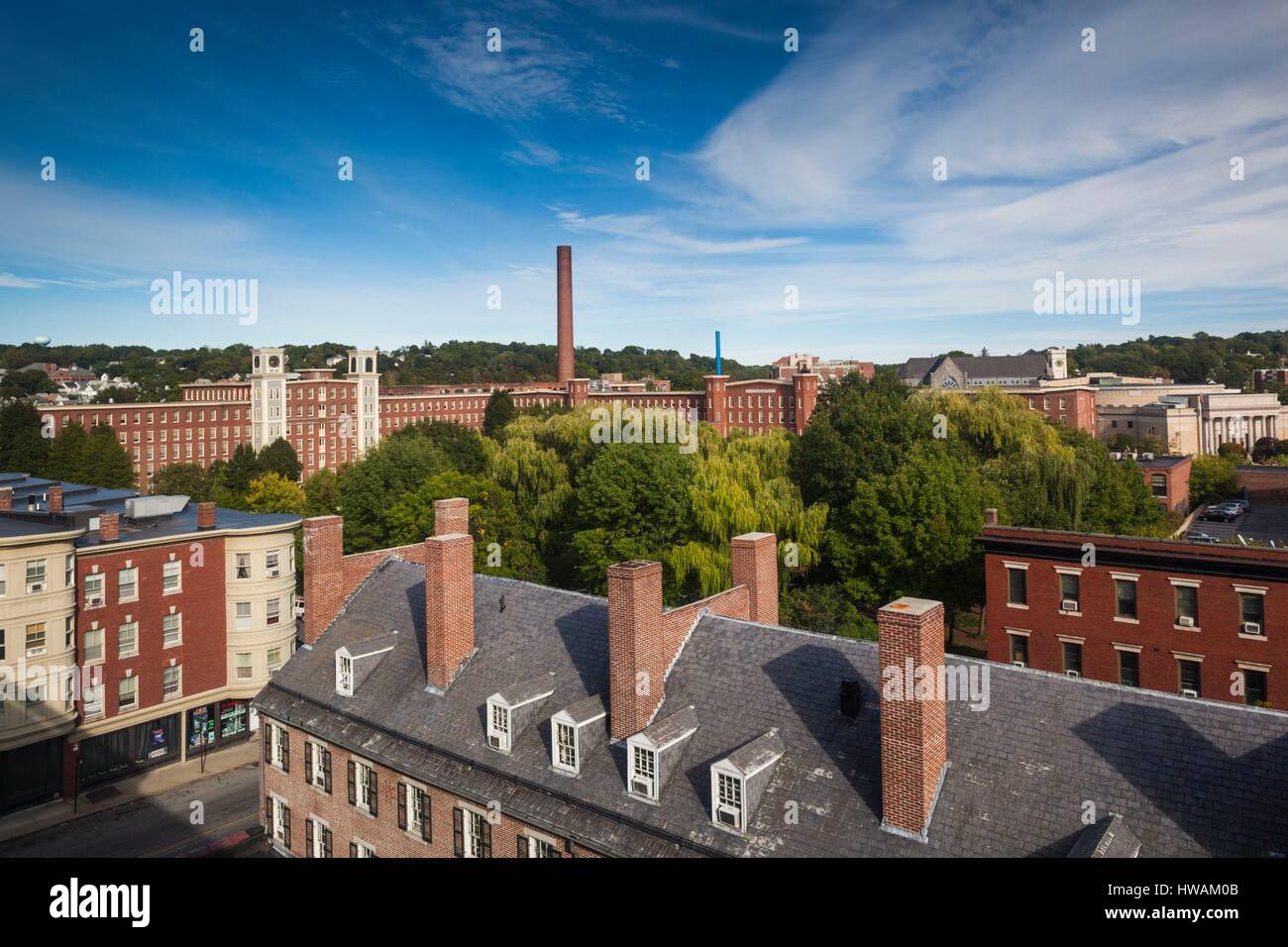 United States, Massachusetts, Lowell, Lowell National Historic Park, Massachusetts Mills, elevated view Banque D'Images