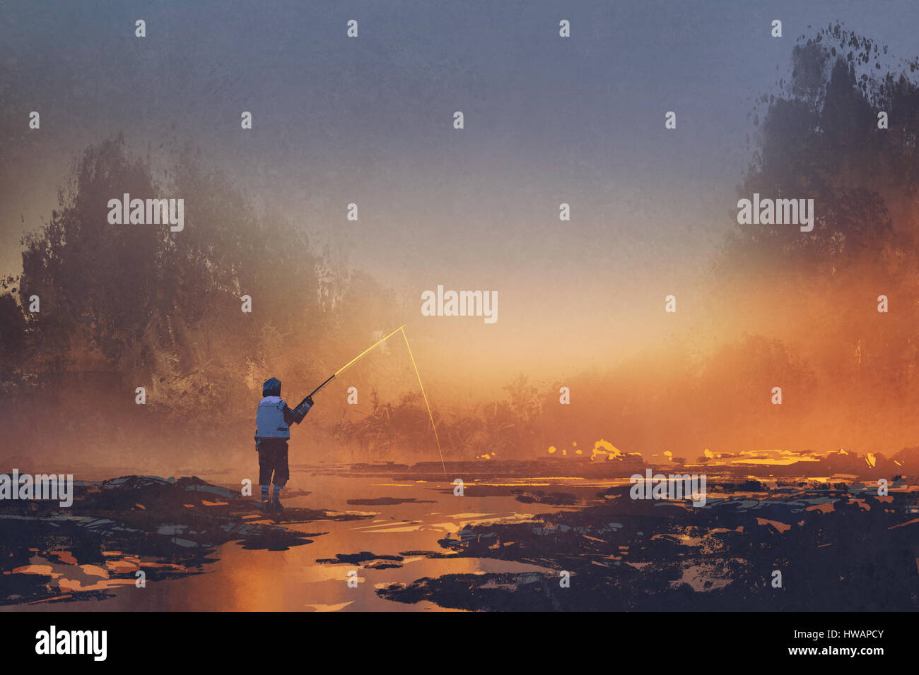 Pêche à l'homme dans le lac lors d'un lever de soleil brumeux,illustration peinture Banque D'Images