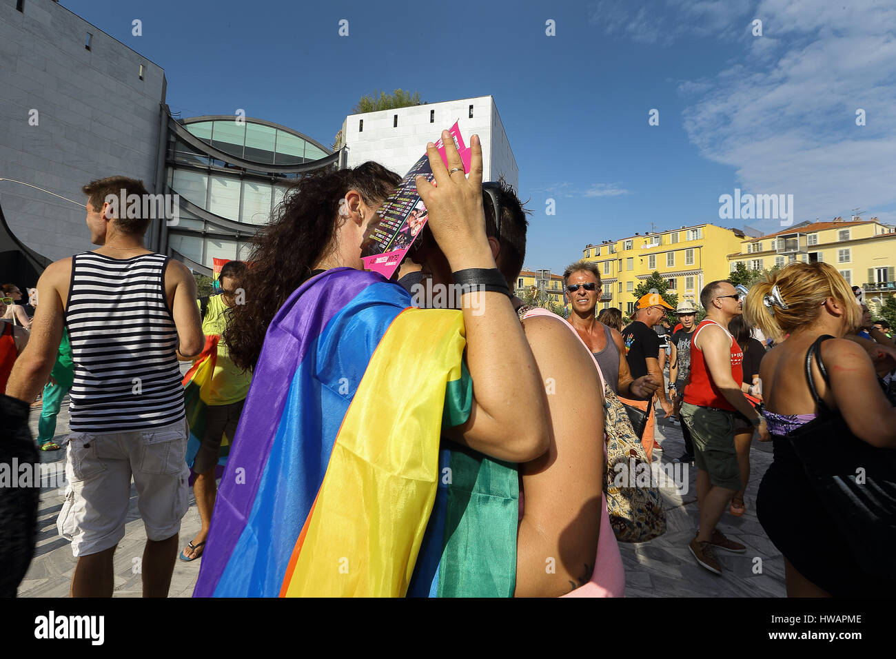 Gay Pride Nice, gai, lesbienne, LGBT, rassemblement des transgenres. | Pink Parade de Nice, rassemblement gay, lesbien et transgenre. Banque D'Images