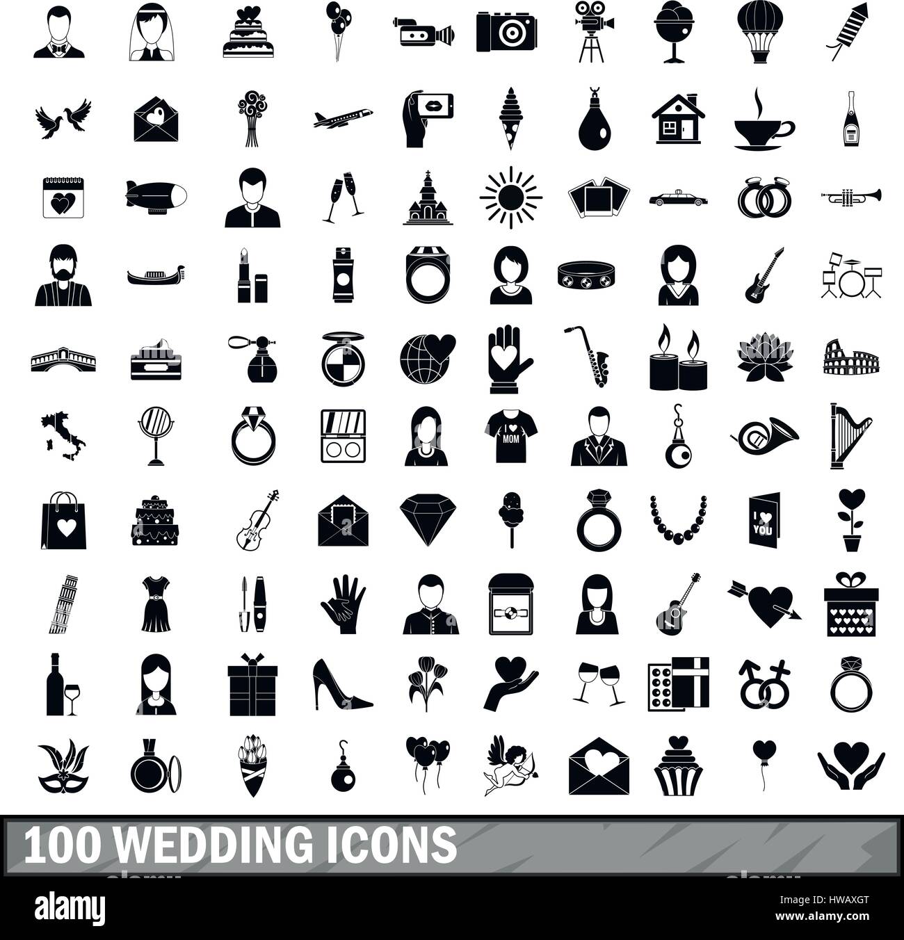 100 icônes de mariage fixé, le style simple Illustration de Vecteur