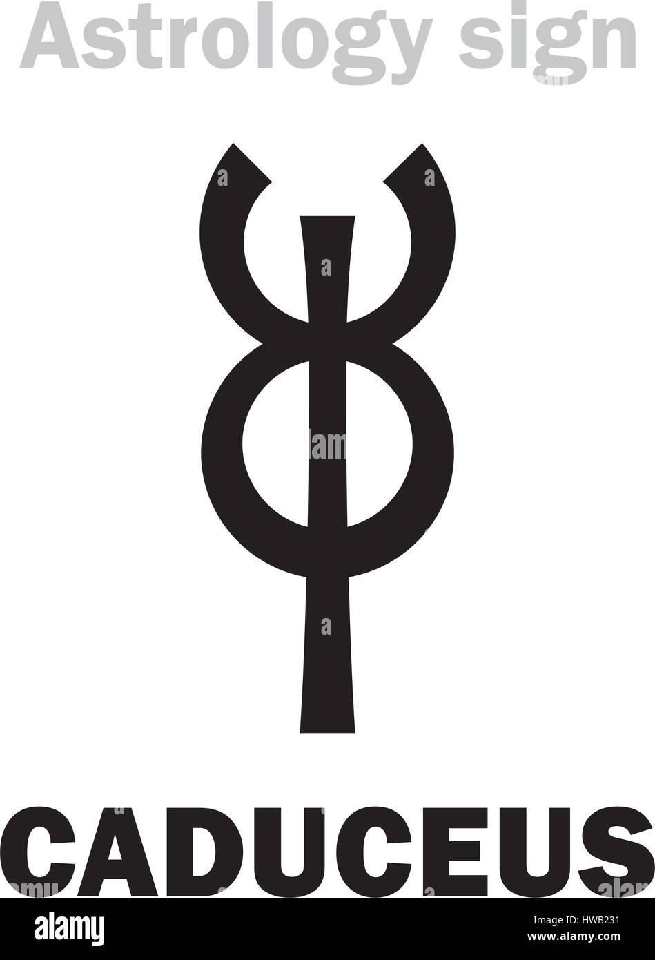 Alphabet d'astrologie : caducée de mercure (ou Hermès, ou Apollo, ou d'Esculape). Caractères hiéroglyphes signe (symbole unique). Illustration de Vecteur
