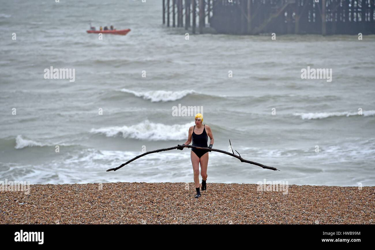 Brighton Sussex UK 19 mars 2017 - Yvonne Luna depuis la piscine en galerie d'art et d'un membre du Club de natation de Brighton supprime un grand journal dans la mer comme elle prend son bain quotidien malgré les rafales jour terne sur le front de mer de Brighton Crédit : Simon Dack/Alamy Live News Banque D'Images