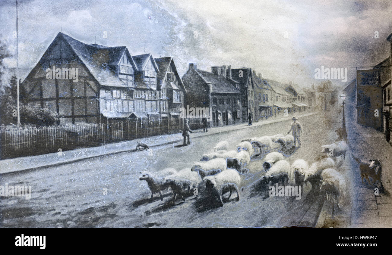 C Antique1880 illustration, Shakespeare's House à partir du nord-ouest sur Henley Street. Le lieu de naissance de Shakespeare est un bâtiment restauré du xvie siècle maison à colombages située dans Henley Street, Stratford-upon-Avon, Warwickshire, en Angleterre, où il est dit que William Shakespeare est né en 1564 et a passé son enfance. SOURCE : génération plus tard Négatif sur verre. Banque D'Images