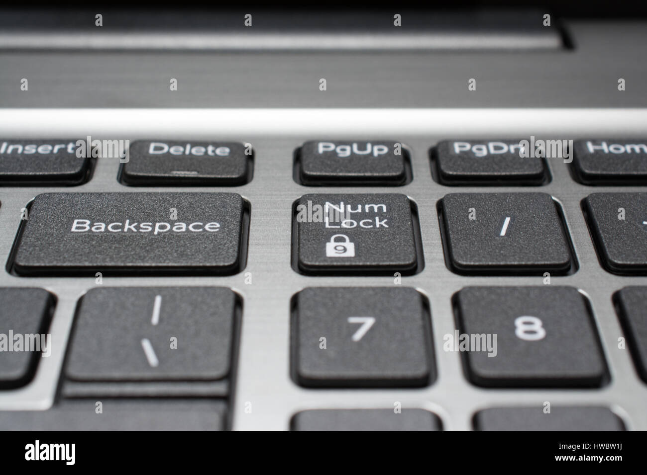 Clavier d'ordinateur portable moderne libre. Les touches Backspace et num  lock. Profondeur de champ Photo Stock - Alamy