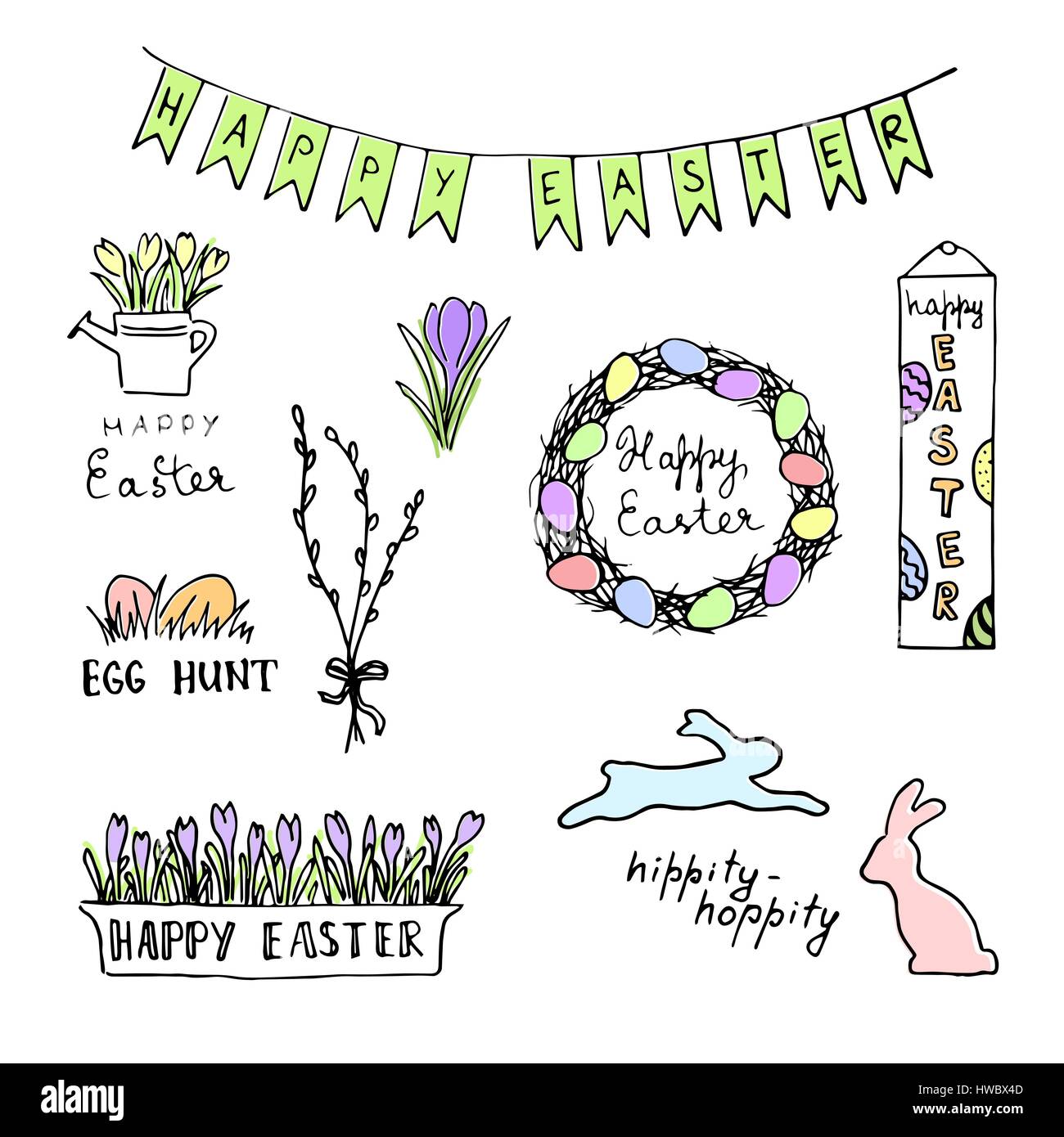 Joyeuses Pâques avec des œufs de couleur croquis, lapins, fleurs, lettrage, gerbe Illustration de Vecteur