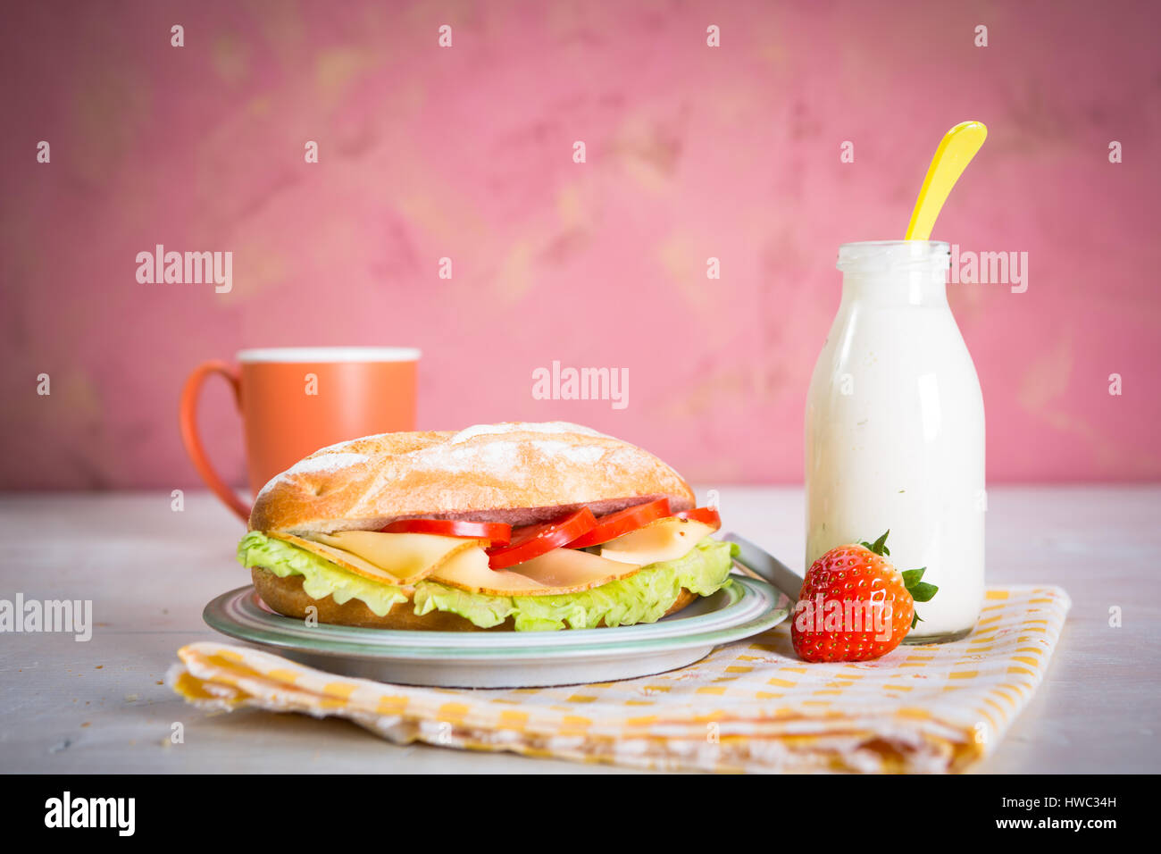 La plaque avec un sandwich au fromage et yogourt Banque D'Images