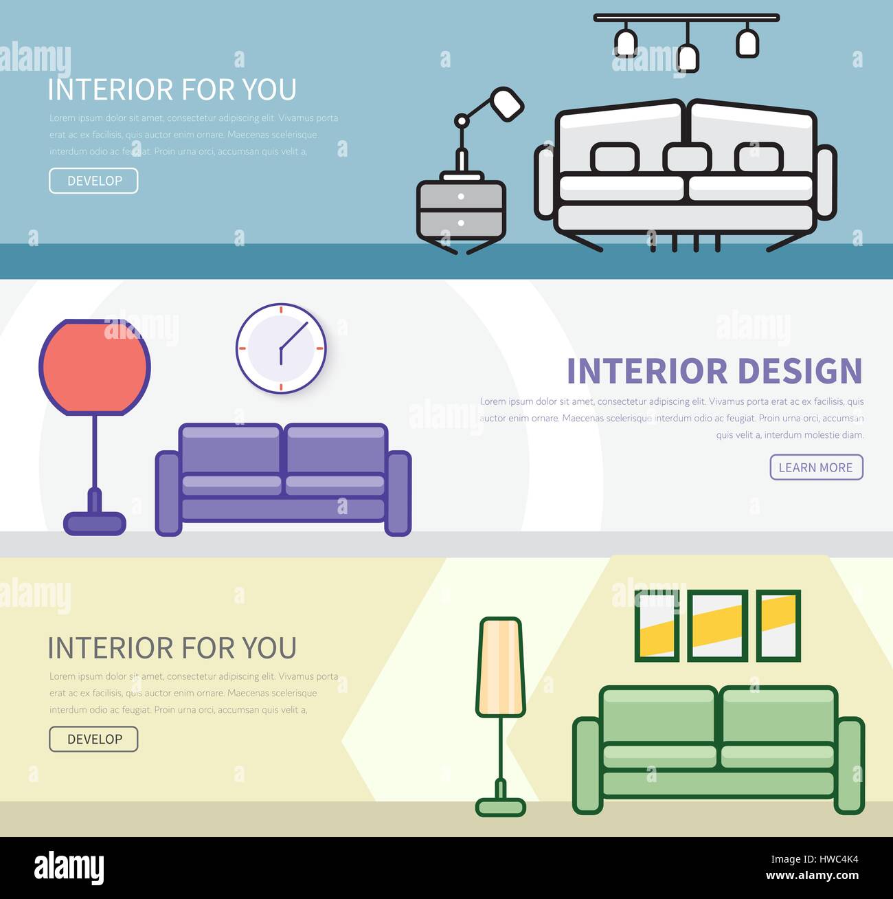 Ensemble de bannières dans un style plat avec un design intérieur en différentes couleurs et formes. Vector illustration Illustration de Vecteur