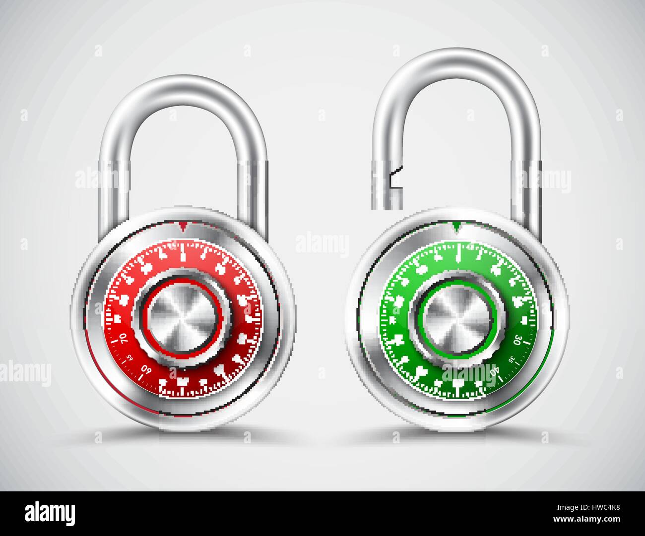 Rond chromé cadenas, serrure code mécanique. ouverture indicateur de rouge et vert. Vector illustration. Set Illustration de Vecteur
