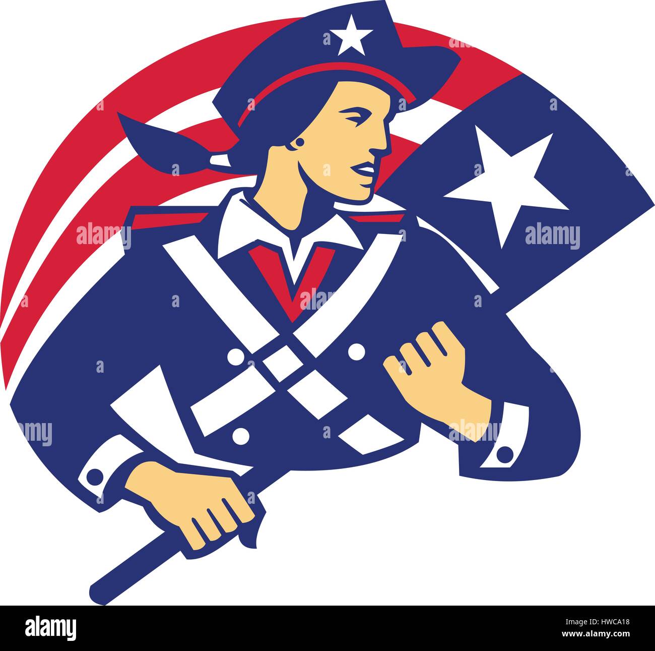 Illustration d'une femme patriote américain Minuteman à côté de la holding vu de l'avant du pavillon isolé sur fond blanc fait en retro Illustration de Vecteur
