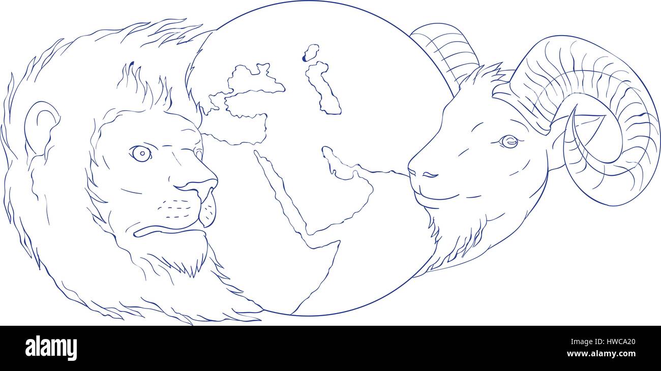 Croquis dessin illustration style de lion et une tête de vérin avec globe montrant moyen-orient au milieu isolé sur fond blanc. Illustration de Vecteur