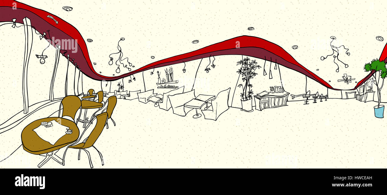 Arrangement,cafe,image,couleur,la créativité vue avant,idées,horizontal,illustration et peinture,technique,illustration à l'intérieur,pas de gens,plante en pot,relaxation,rouge,terrasse,canapé,table,bois,vacance,vector Banque D'Images
